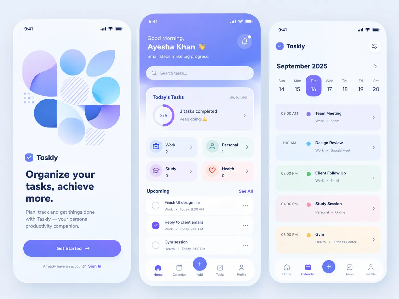 Taskly planner app interface by Million Ways Digital